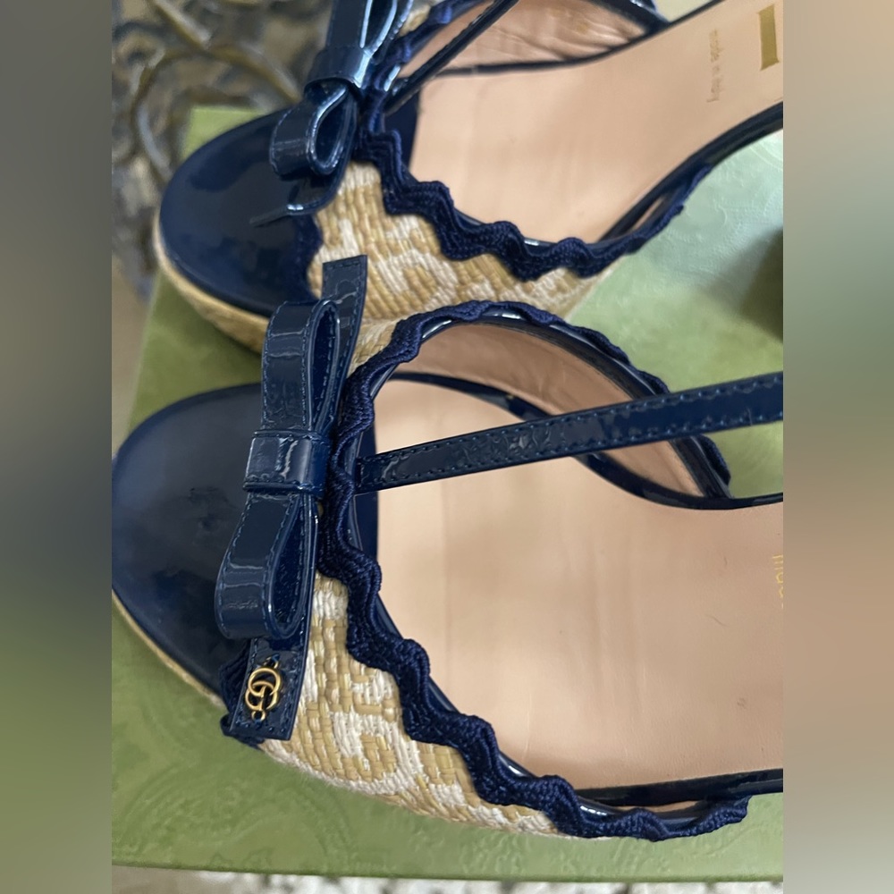 Gucci Natural/Royal Kertu Rafia  GG Platform Heels 41.5 - Picture 9 of 12